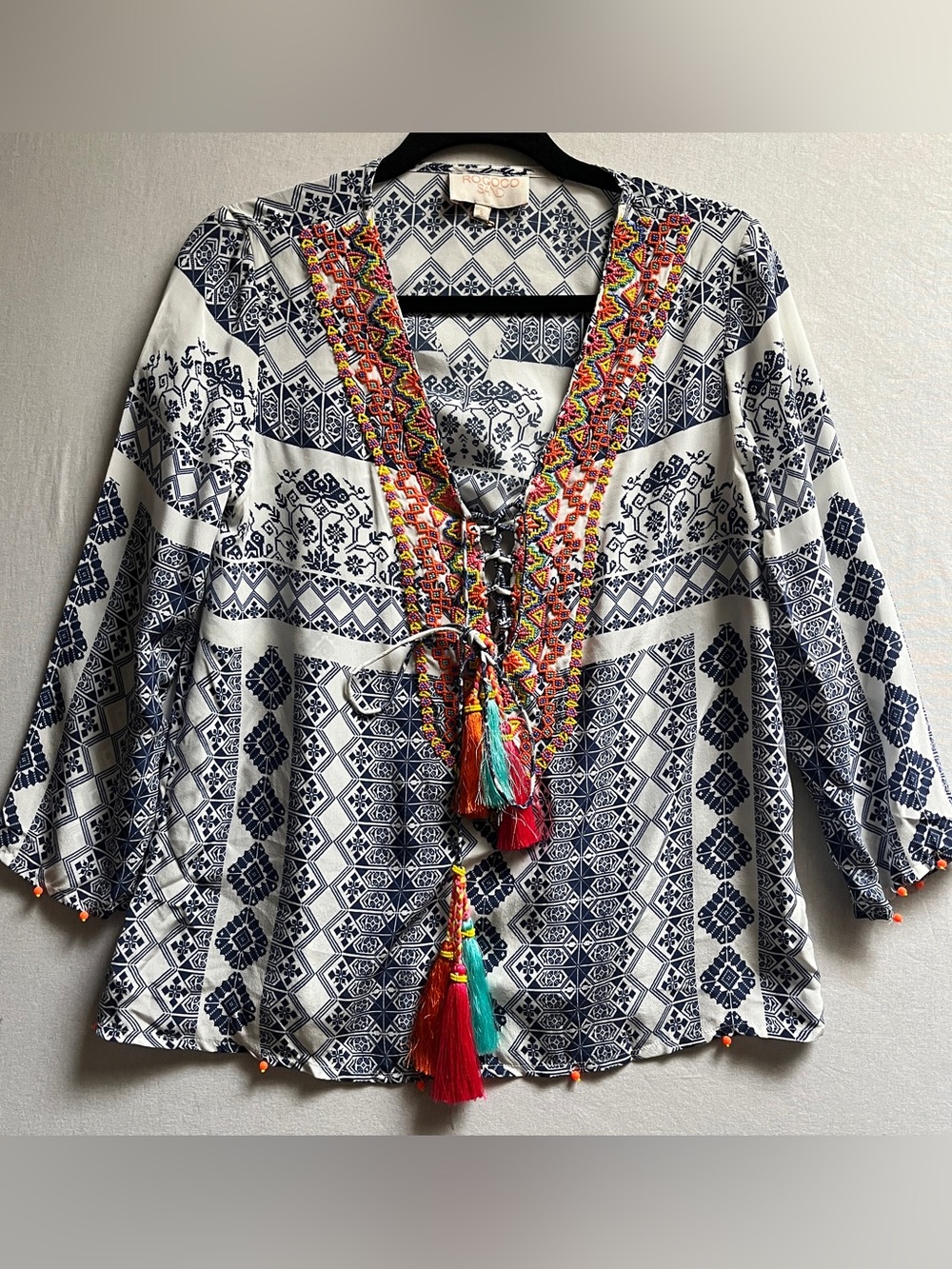 Rococo Sand Silk Geometric Print Embroidered Tassel Tunic S